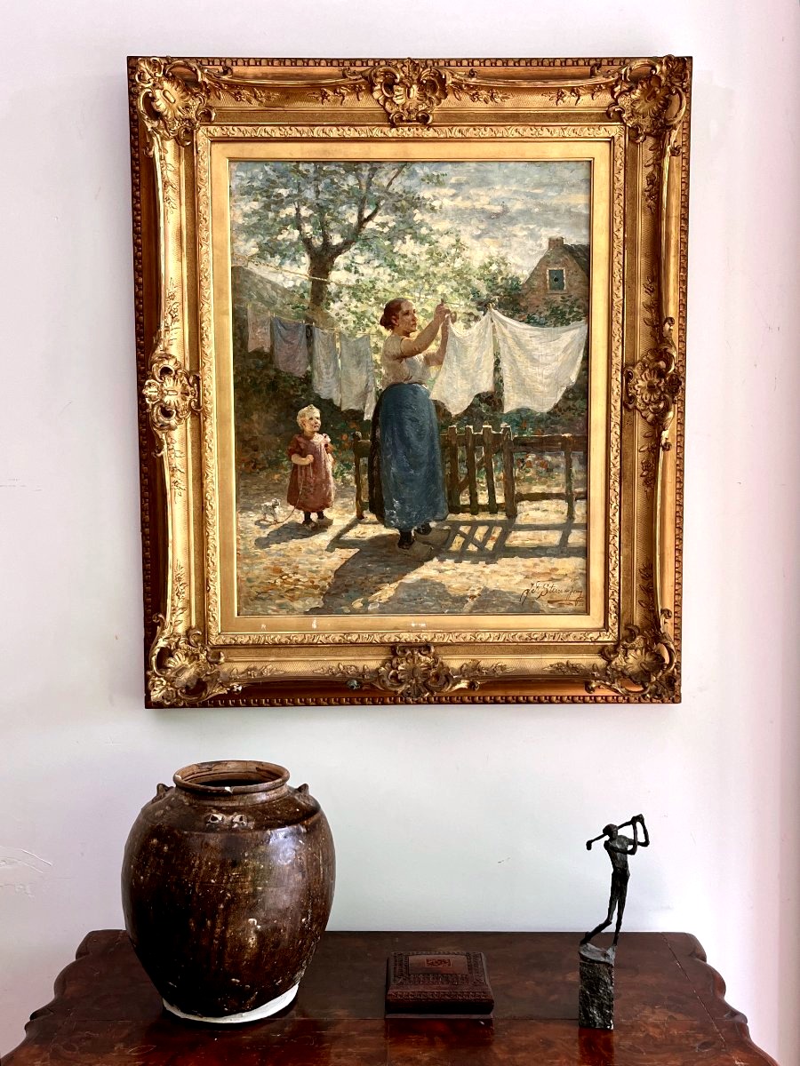 Jacobus Frederik Sterre de Jong (1866-1920), une jeune femme étend son linge, Huile sur toile, -photo-3