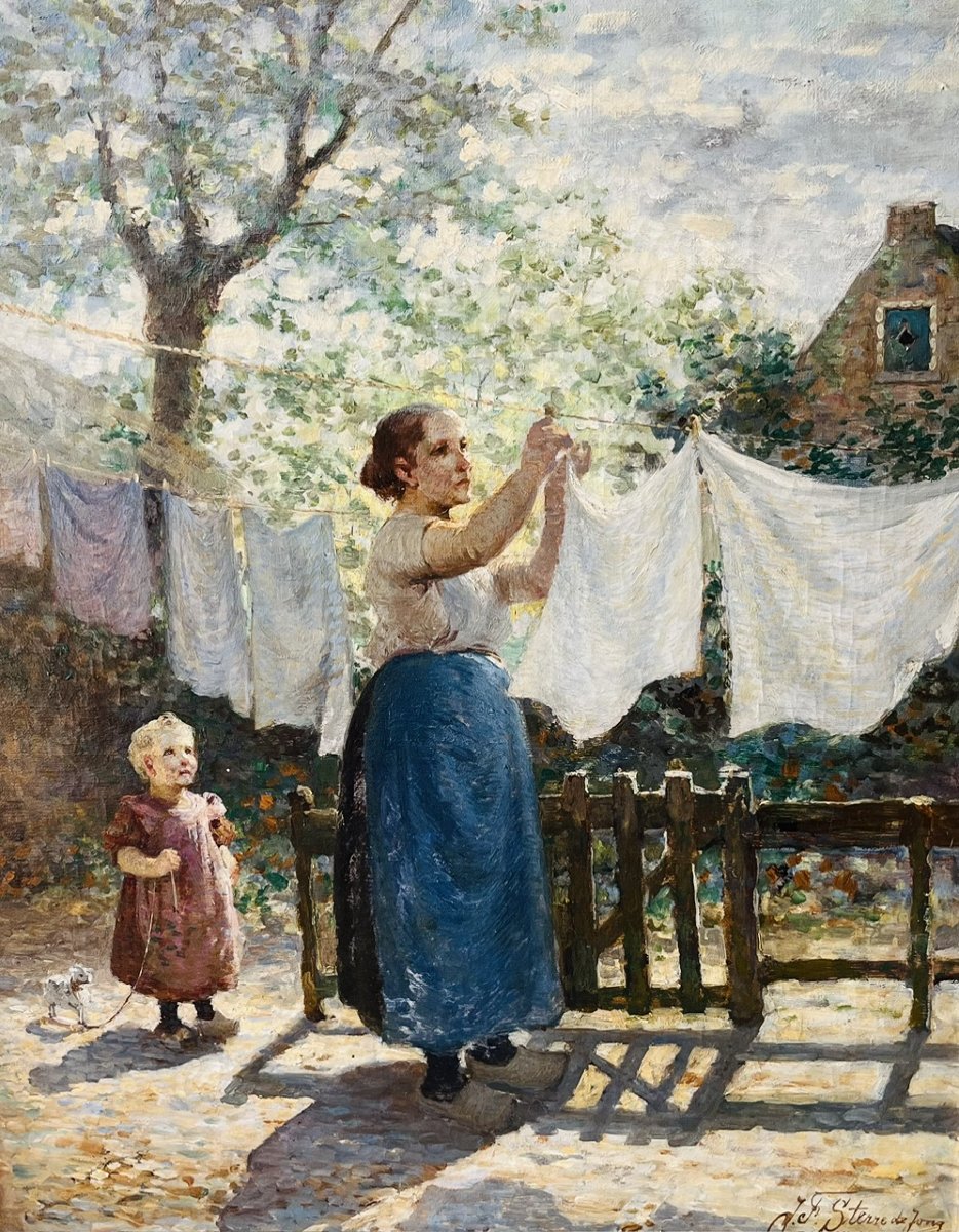 Jacobus Frederik Sterre de Jong (1866-1920), une jeune femme étend son linge, Huile sur toile, 