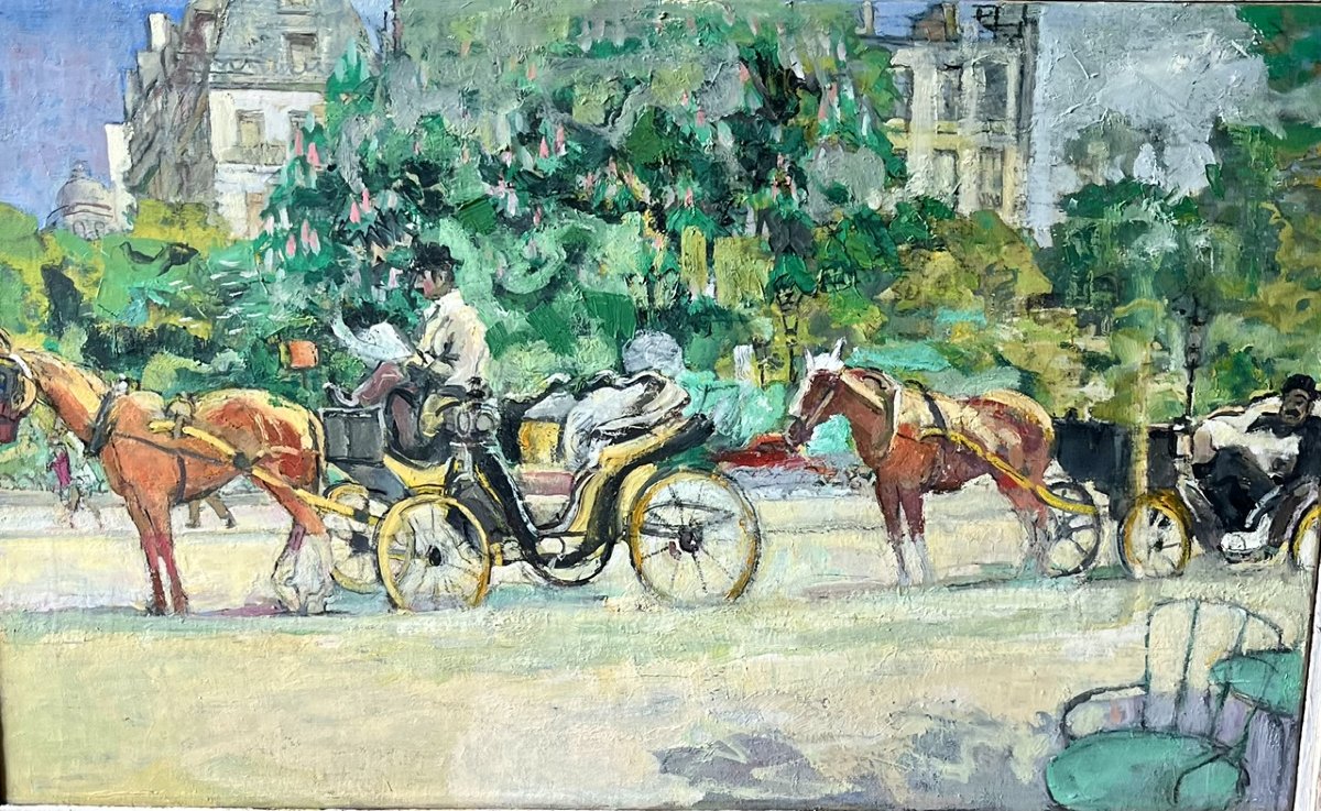 Pol Dom (1885 -1978) - Calèches, Paris, huile sur toile