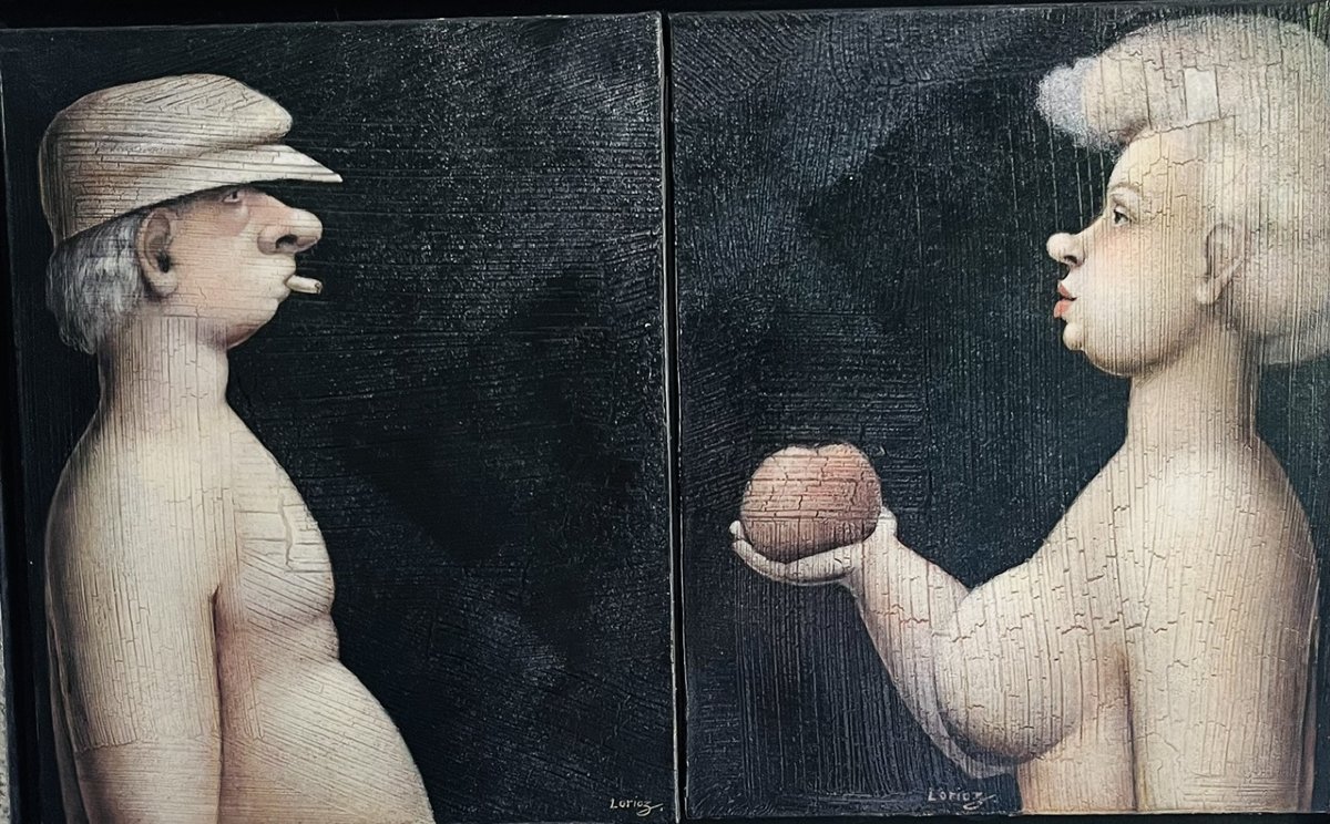 Jeanne Lorioz (france, Born In 1954) “adam And Eve” – Original Diptych In Oil On Canvas – 