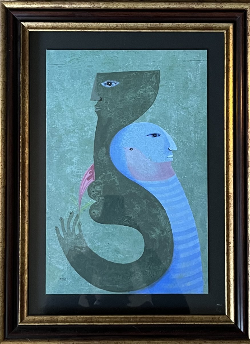 Sami Briss (born In 1930) – Original Gouache On Cardboard – Intertwined Silhouettes And A Bird 