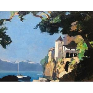 Une Vue De Santa Catarina Del Sasso, Lago Maggiore, Italie, Huile Sur Toile, Signé 