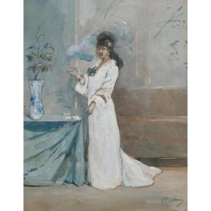 Henry Somm (1844-1907), Young Woman Smoking In Front Of A Pedestal Table, Watercolor, Signed