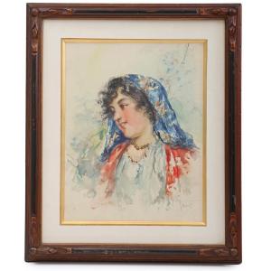 Giuseppe Uva (napoli 1847-1937), Young Woman, Watercolor, Signed G. Uva Napoli