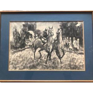 Auguste Durand-rosé (1872-1962), Horse Racing, Black Chalk, Signed