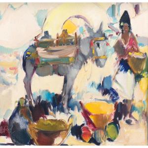 Une Peinture à l'Huile De Willem Jilts Pol (1905-1988), Une Scène De Marché Avec Un âne, Signée
