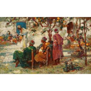 Frederick Davenport Bates (1867-1930), Under The Orange Tree, Oil On Wood
