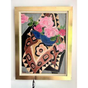Georgette Tavé (elbeuf 1925 - Paris 2008) Les Roses Au Foulard Art Deco Oil,  Signed