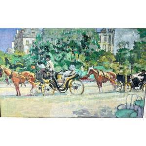 Pol Dom (1885 -1978) - Calèches, Paris, huile sur toile