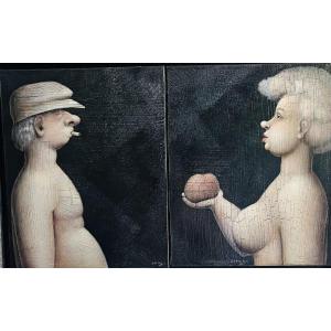 Jeanne Lorioz (france, Born In 1954) “adam And Eve” – Original Diptych In Oil On Canvas –