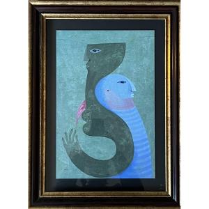 Sami Briss (born In 1930) – Original Gouache On Cardboard – Intertwined Silhouettes And A Bird