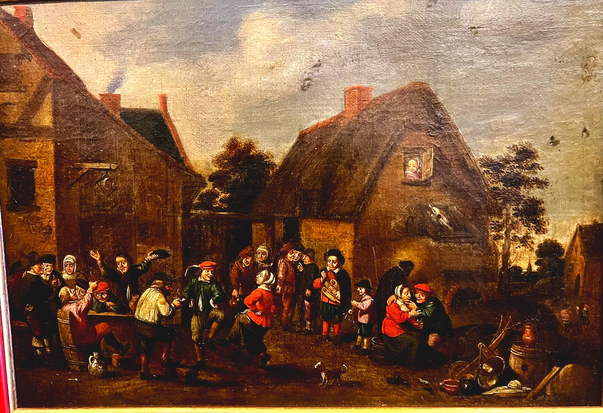 Huile sur toile , scène villageoise XVII ème.-photo-2