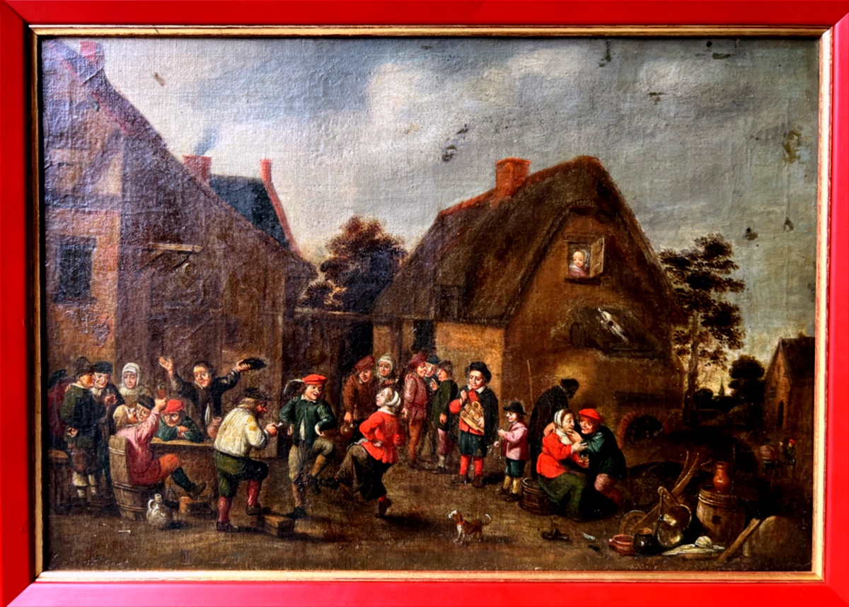 Huile sur toile , scène villageoise XVII ème.