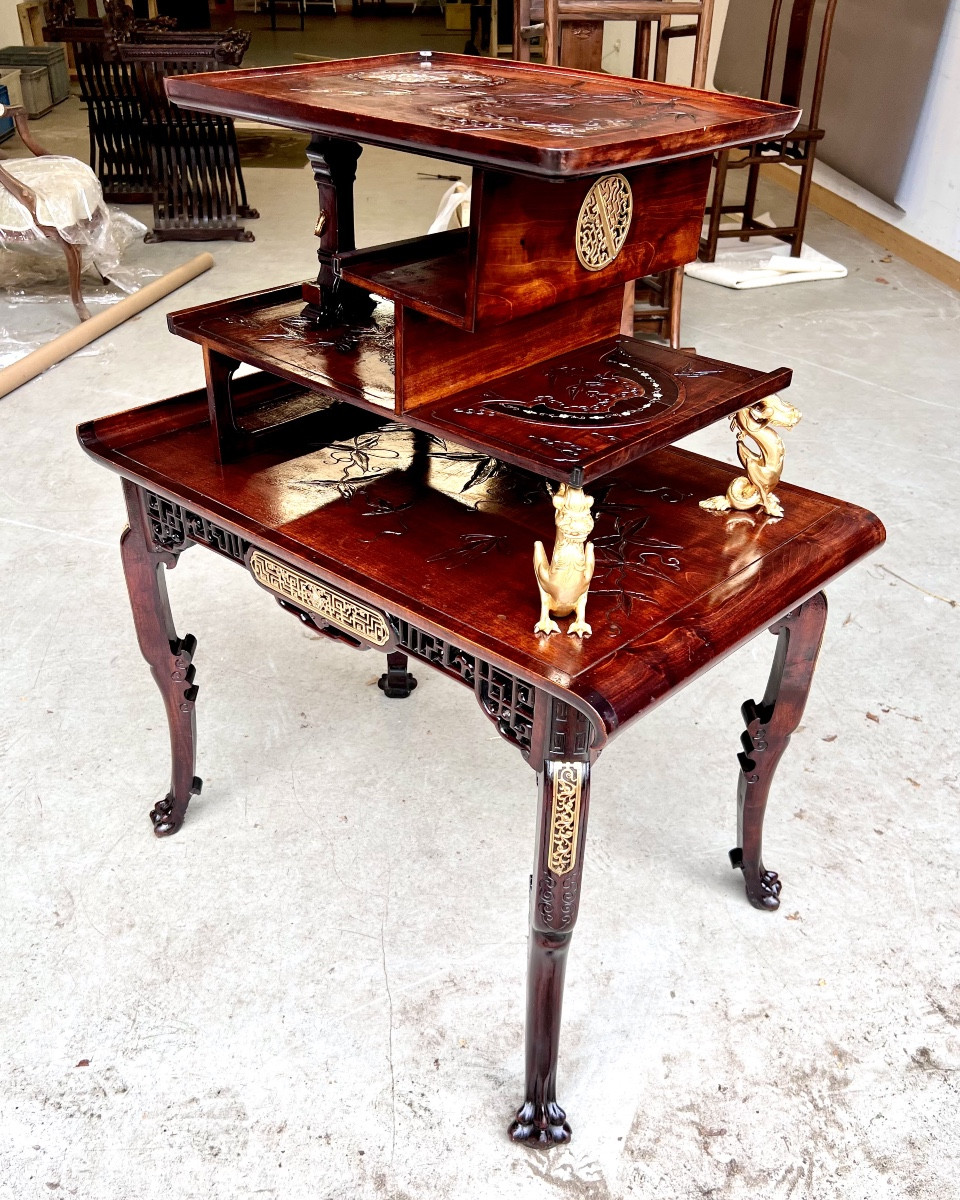 Mahogany Multi-tiered Table Stamped G Viardot