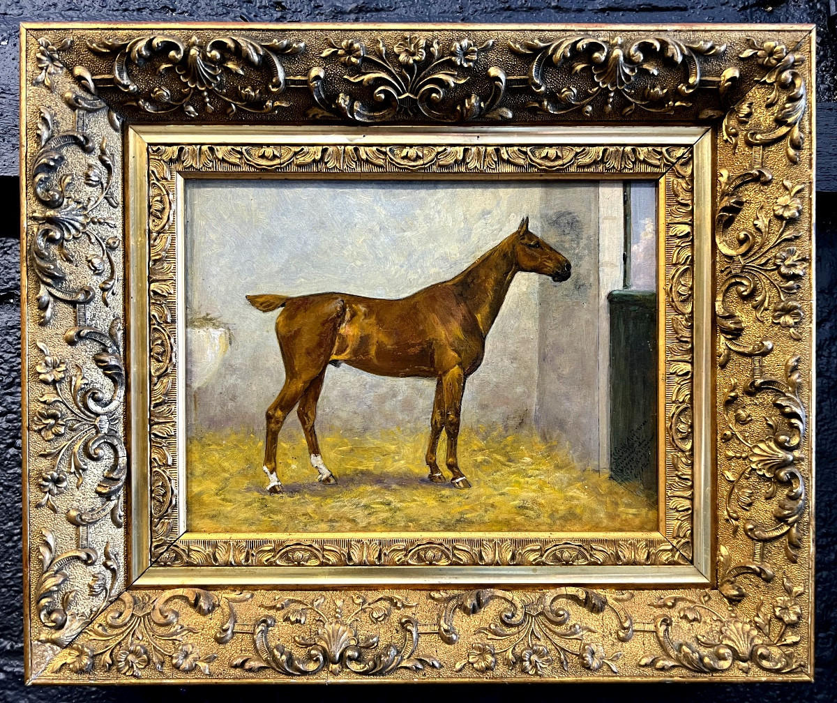 Oil On Panel. Horse In A Stable. 
