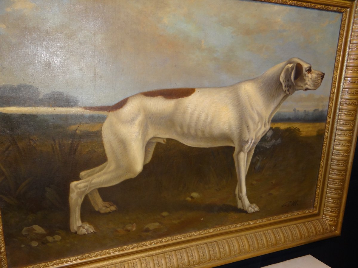 Grande huile sur toile 19ème chien de chasse-photo-4