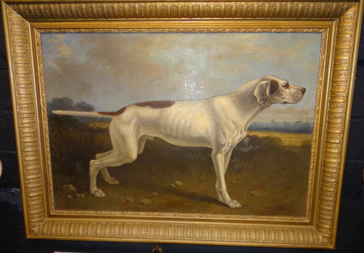 Grande huile sur toile 19ème chien de chasse