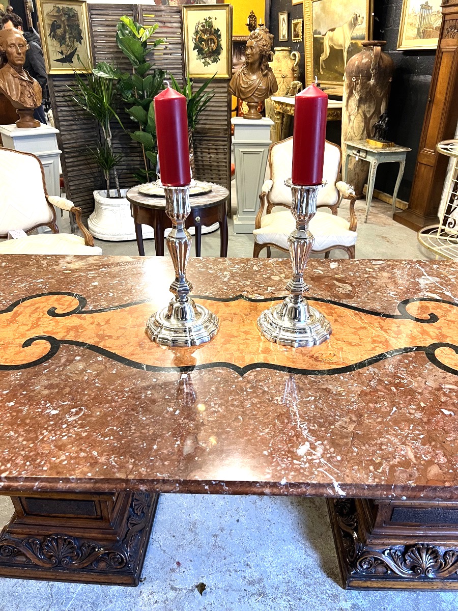 A Striking Pair Of Silver-plated Bronze Candlesticks -photo-3