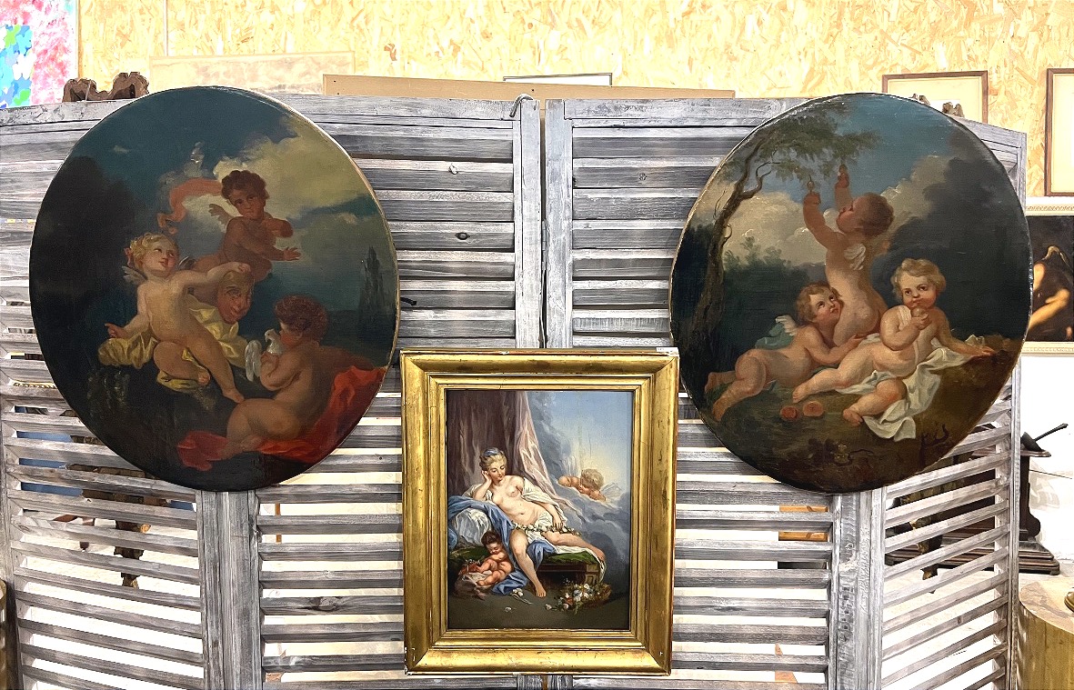 Pair Of Oil-on-canvas Paintings Featuring Cherubs. 19th Century. 