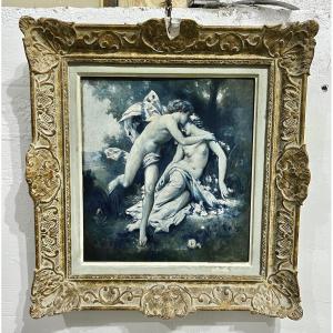 Huile sur panneau Cupidon et Psyché. 