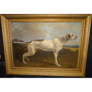 Grande huile sur toile 19ème chien de chasse