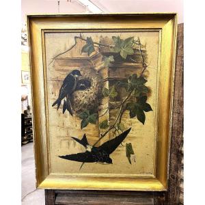 2 Oil Paintings On Cardboard, With Signed And Dated "noineaux" And "hirondelles." 