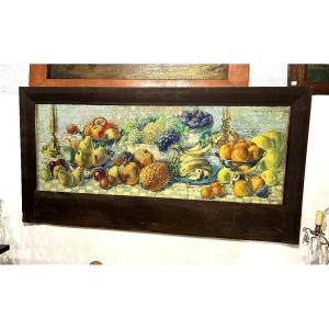 Grande huile sur panneau nature morte aux fruits. Signee
