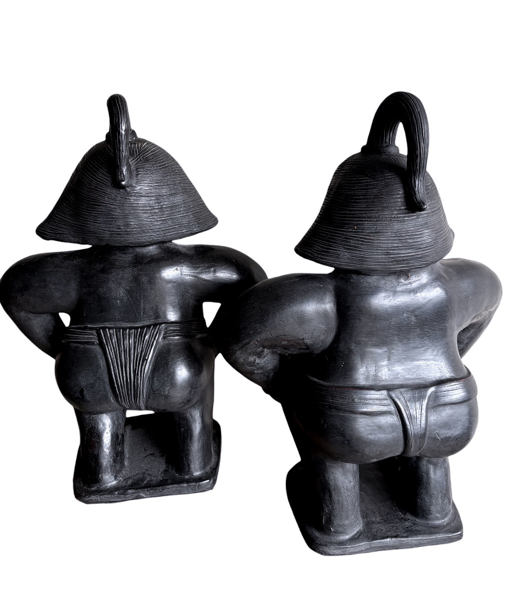 Pair Of Sumo Wrestlers — Terracotta Sculpture, Ancient Japanese Work-photo-2