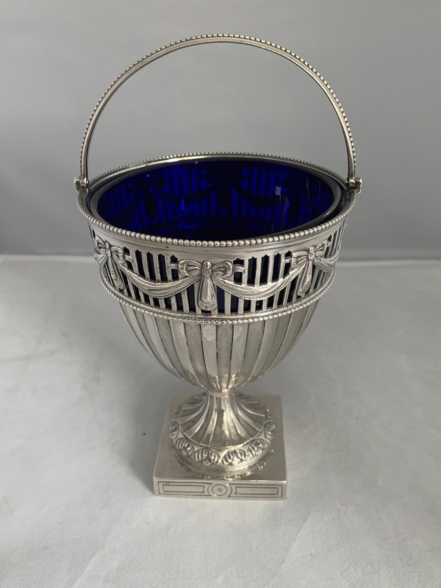 Sugar Pot In Silver Containing A Blue Glass Sugarvase