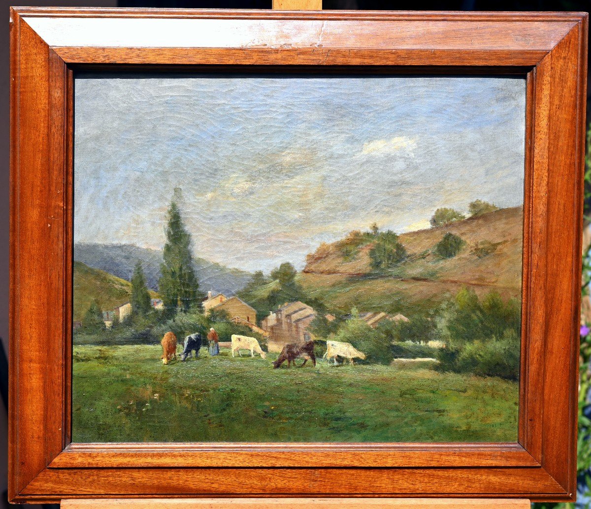 Landscape With A Cow Herder Late 19th Century | French School Painting-photo-3