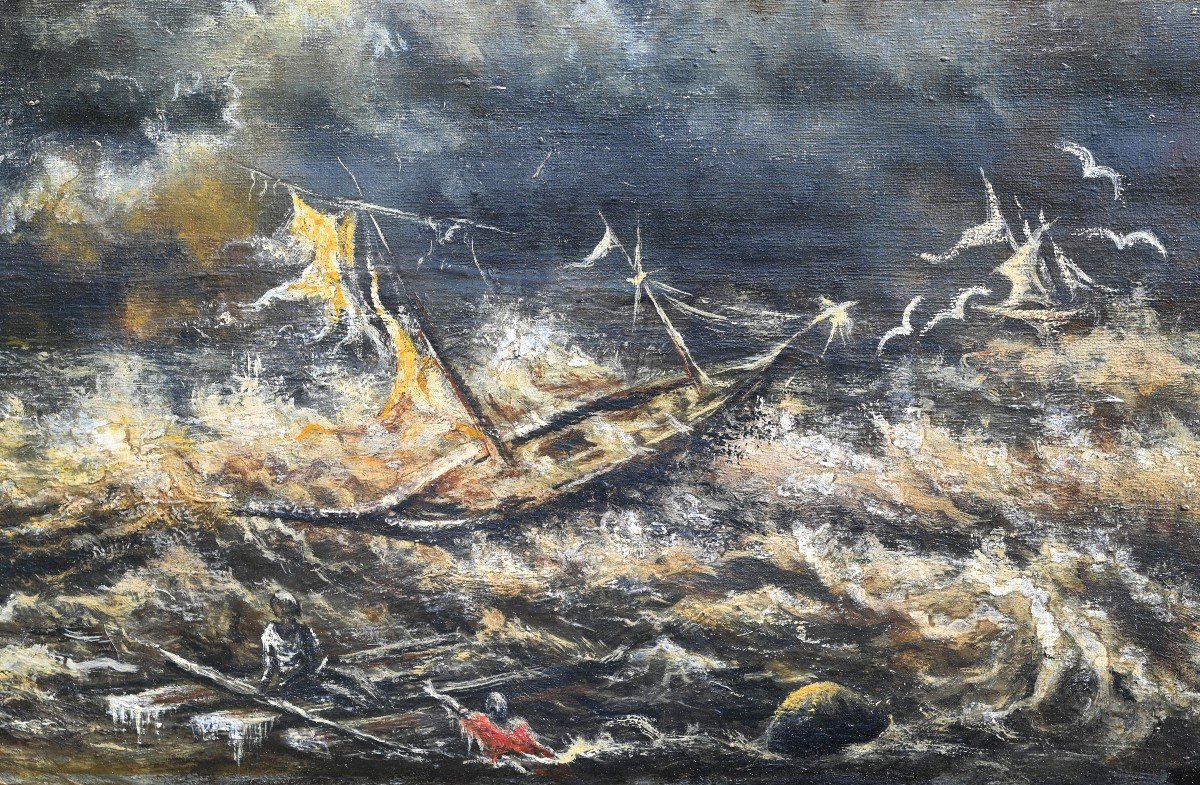 Tempête En Mer | Huile Sur Toile Signée Bermont (xxe)-photo-1
