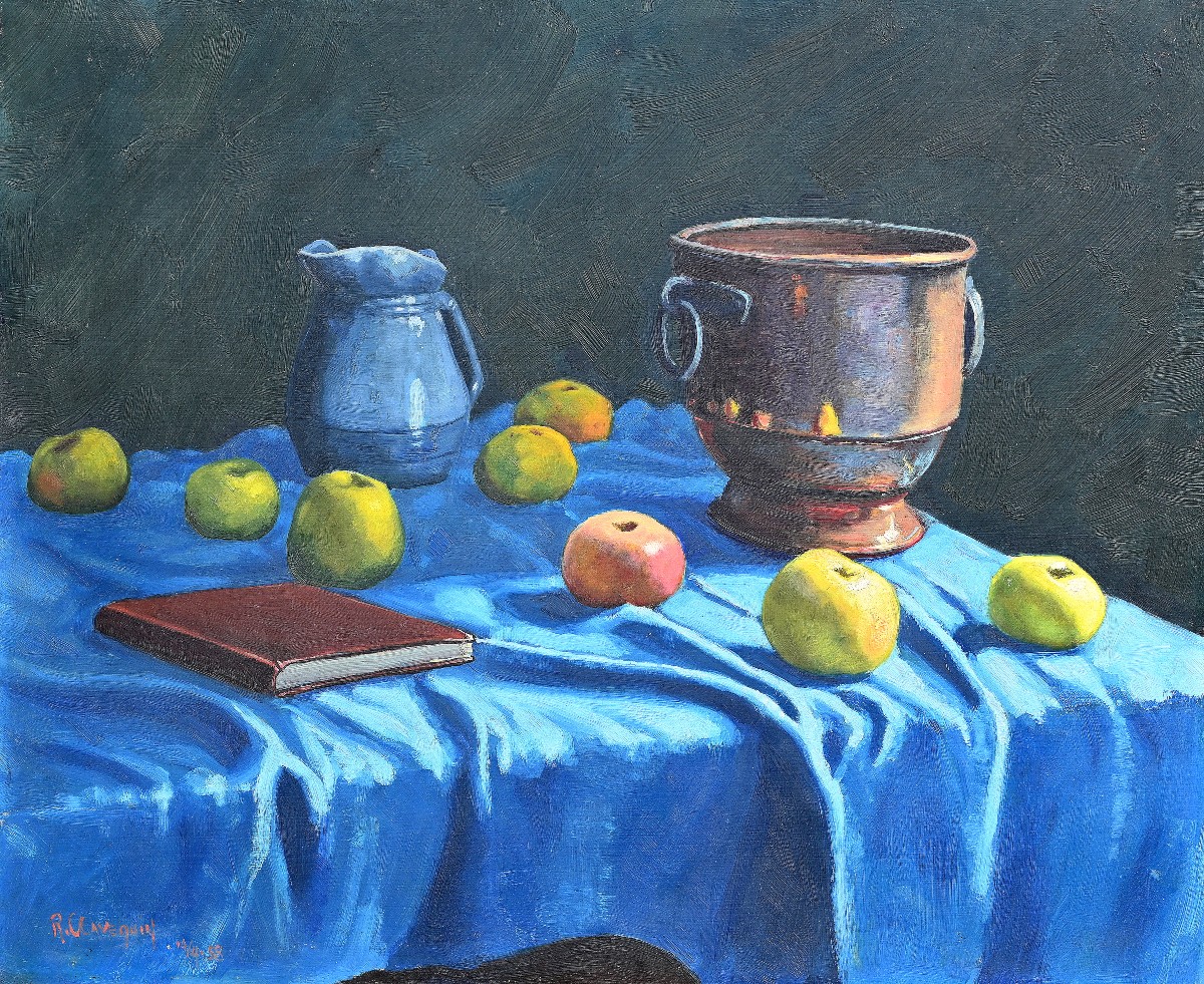 Roger Clavequin (1920-1991) Still Life With Apples, Copper And Pitcher | Comtois, Doubs 