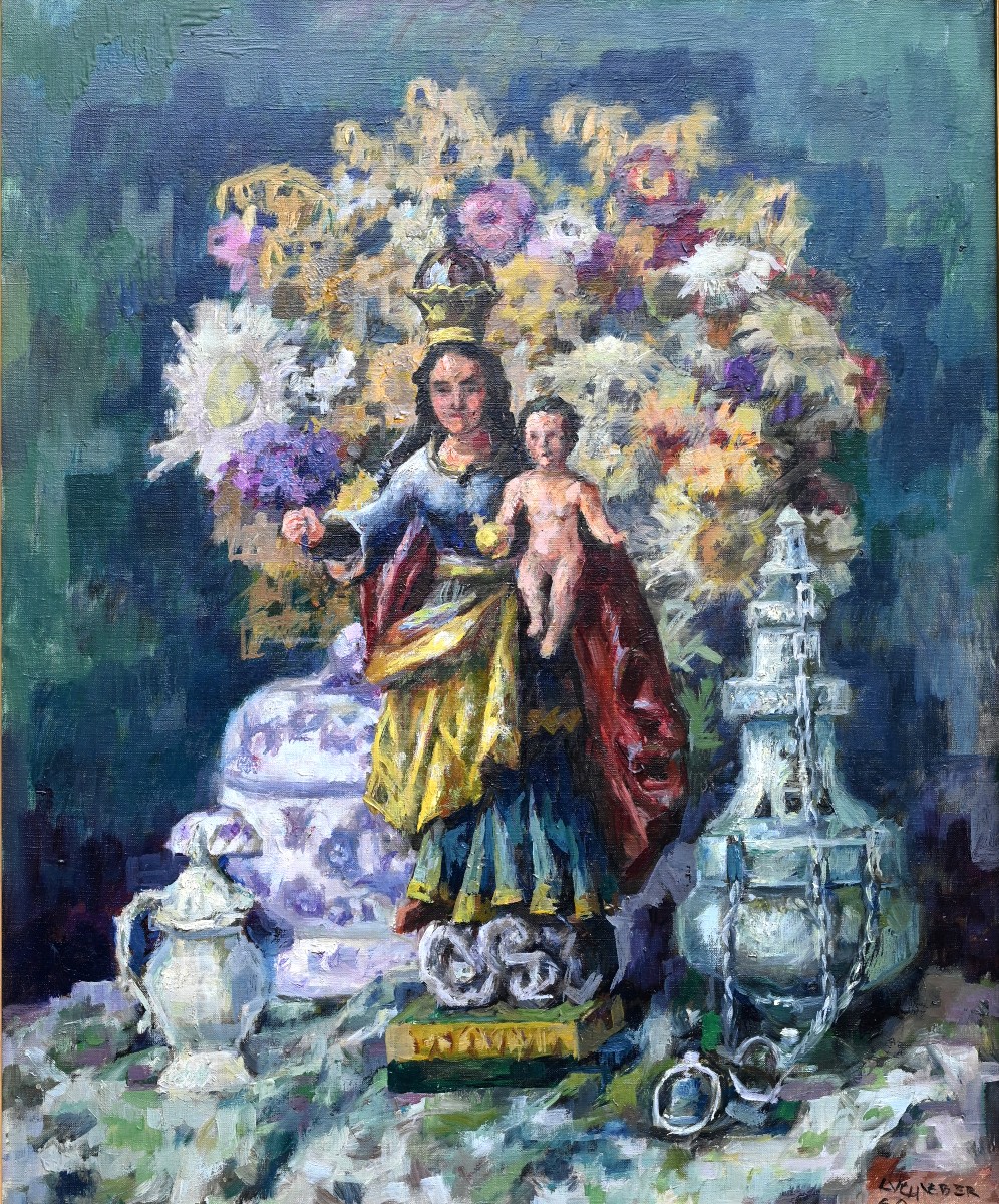 Luc HUEBER (1888-1974) Nature morte à la Madone | Vierge, fleurs, église, vierge,  Strasbourg
