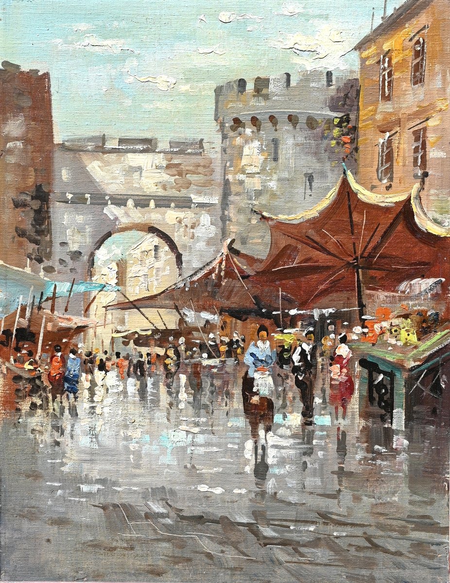Scène de marché en cité médiévale | Cognac, Nancy, pluie, Cortes