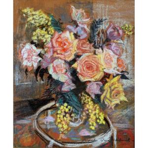 Jacqueline GARD-URBANEK (xxe) Bouquet De Roses Et De Mimosa | Tableau Pastel Fleurs 