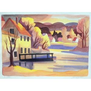 Pierre DONZELOT (1924-2003) Paysage Du Doubs | Lithographie peintre comtois 