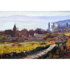 Line Huguenin-subilia (switzerland, 19th-20th Century) Lutry In Autumn | Vaud, Lavaux, Lausanne, Vineyard