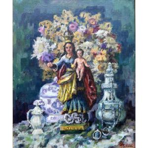 Luc HUEBER (1888-1974) Nature morte à la Madone | Vierge, fleurs, église, vierge,  Strasbourg