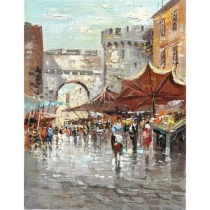 Market Scene At The Old Port Of Cognac | Medieval, Charente, Rain, Cortes