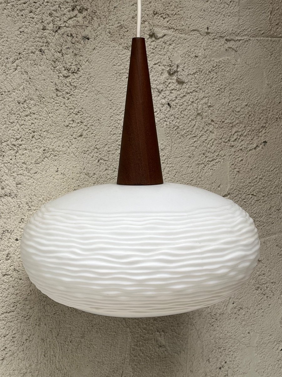 Opaline And Teak Suspension By Louis Kalff For Philips-photo-2