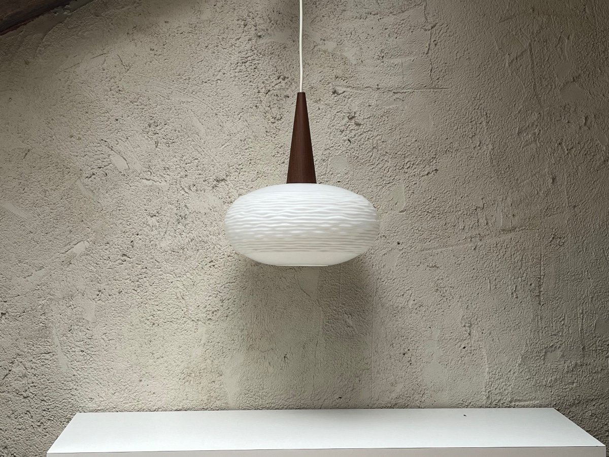 Opaline And Teak Suspension By Louis Kalff For Philips