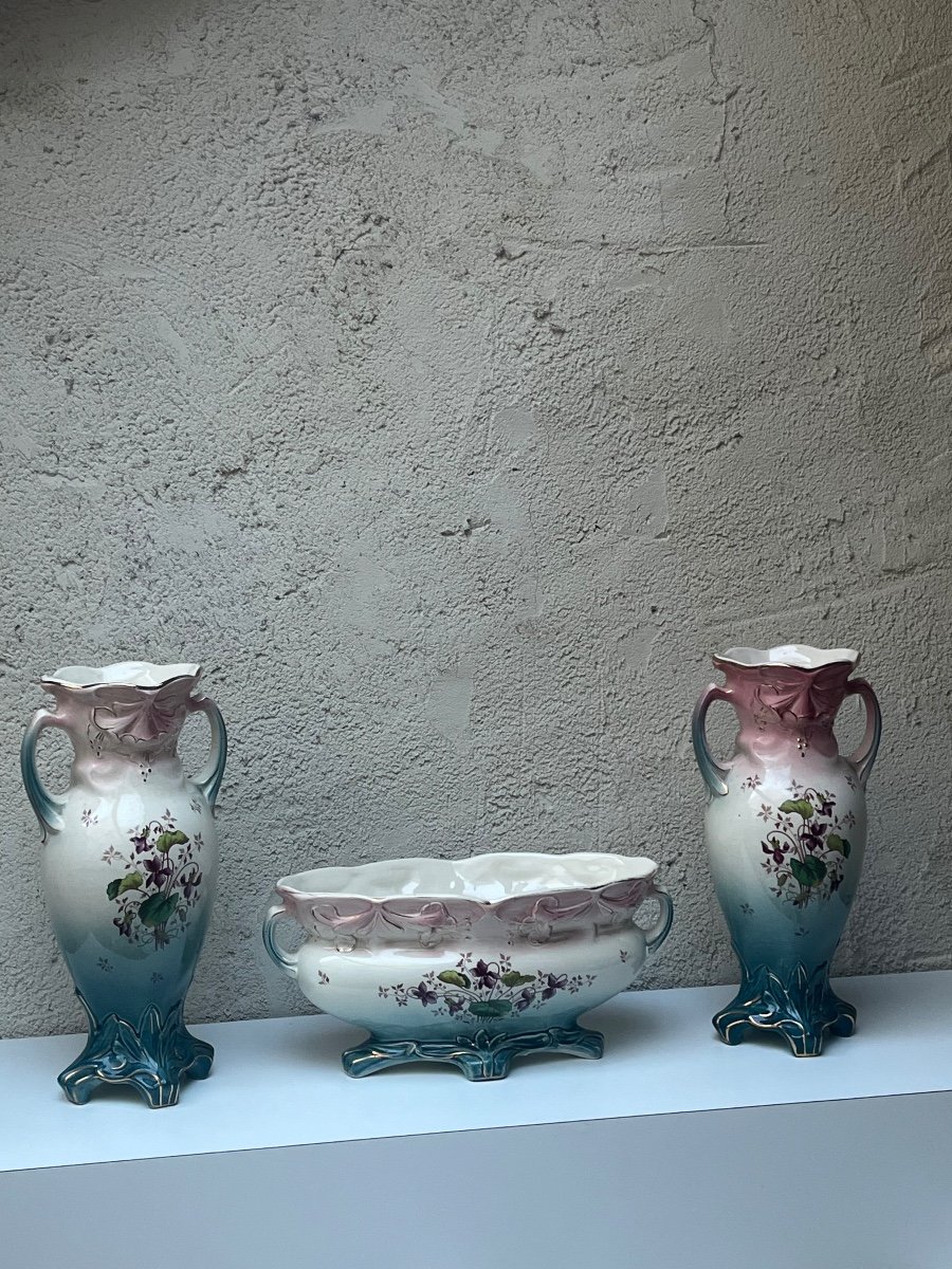 Polychrome Earthenware Fireplace Trim With Violets Decor, Fives - Lille