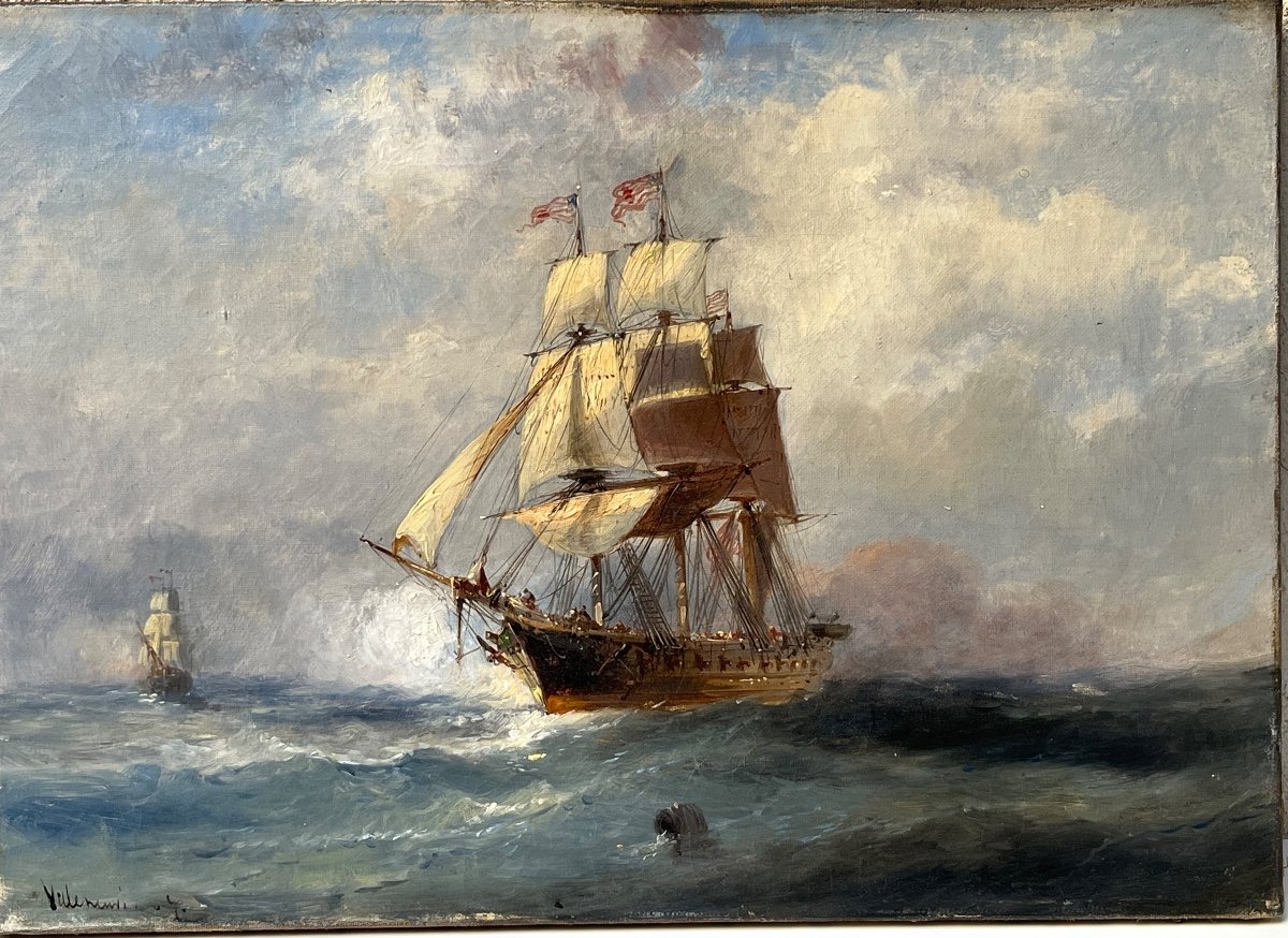 Oil On Canvas, Gabriel Villeneuve "sailing Boats At Sea" -photo-2