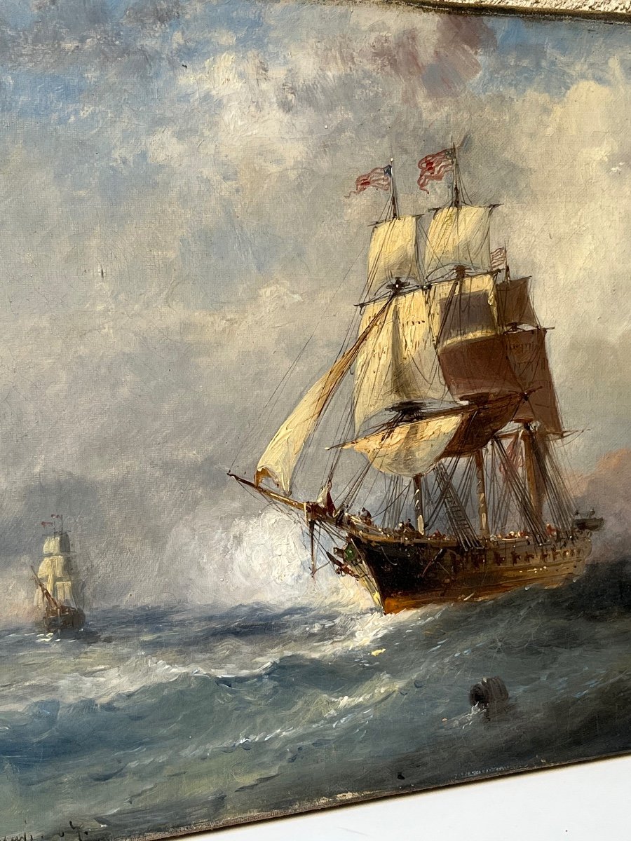 Oil On Canvas, Gabriel Villeneuve "sailing Boats At Sea" -photo-3
