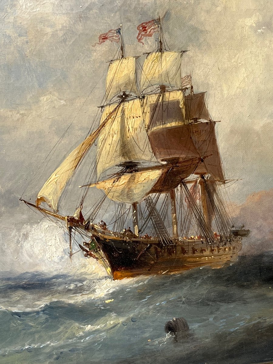 Oil On Canvas, Gabriel Villeneuve "sailing Boats At Sea" -photo-4