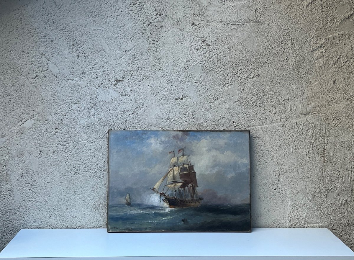 Oil On Canvas, Gabriel Villeneuve "sailing Boats At Sea" -photo-3