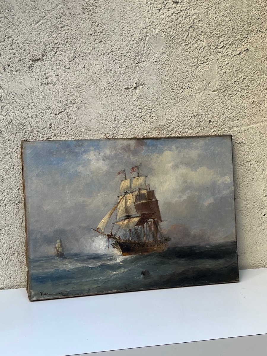 Oil On Canvas, Gabriel Villeneuve "sailing Boats At Sea" 