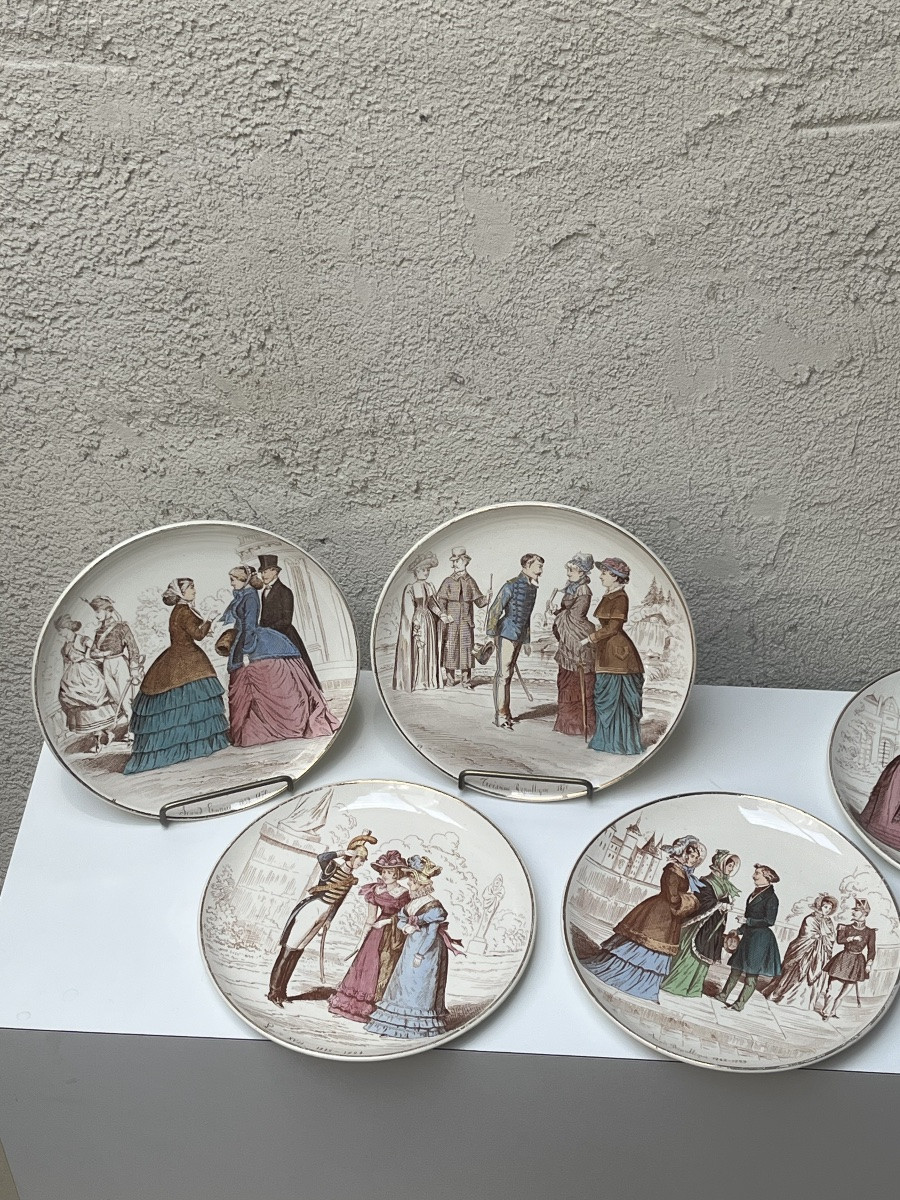 Series Of 12 Earthenware Plates "fashion For A Hundred Years", Creil And Montereau-photo-3