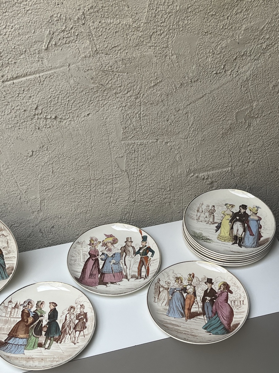 Series Of 12 Earthenware Plates "fashion For A Hundred Years", Creil And Montereau-photo-4