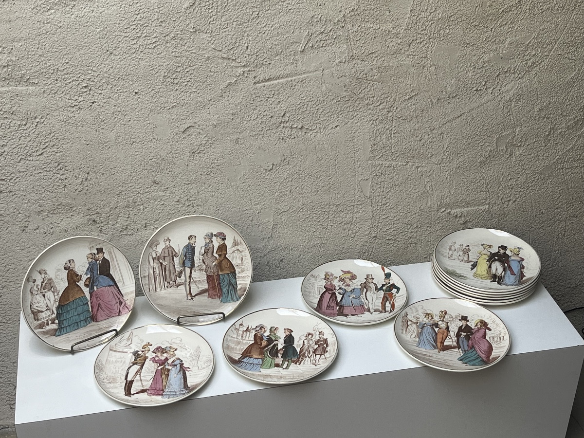Series Of 12 Earthenware Plates "fashion For A Hundred Years", Creil And Montereau